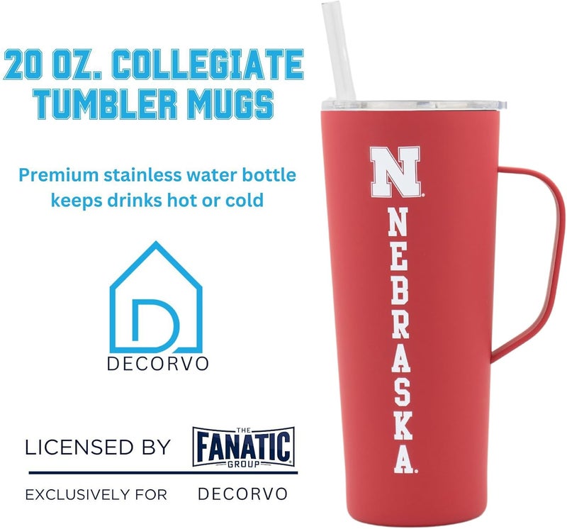 Decorvo NCAA 20 oz. Stainless Steel Tumbler with Handle - Officially Licensed Double Walled Insulated Roadie with Slide Lid and Straw (Nebraska - Red) - Image 2